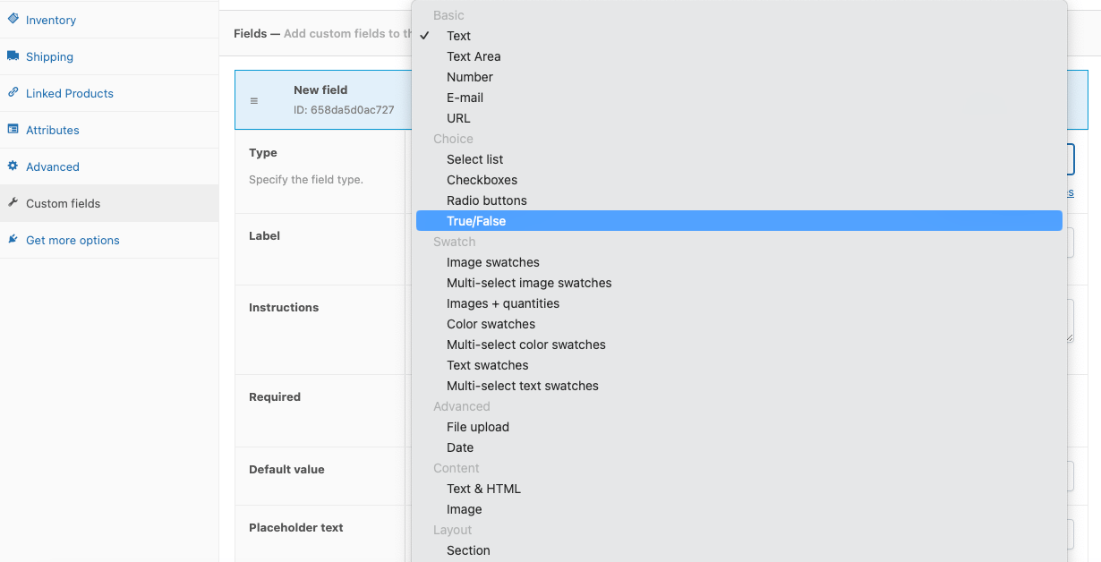 Different custom field types, including a true/false checkbox, in Advanced Product Fields