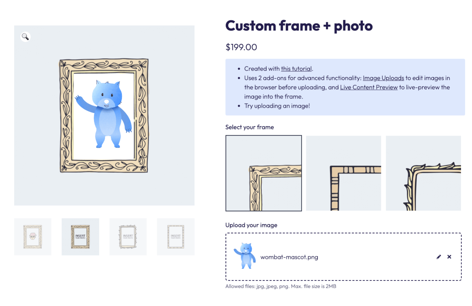 Example WooCommerce product with image upload option