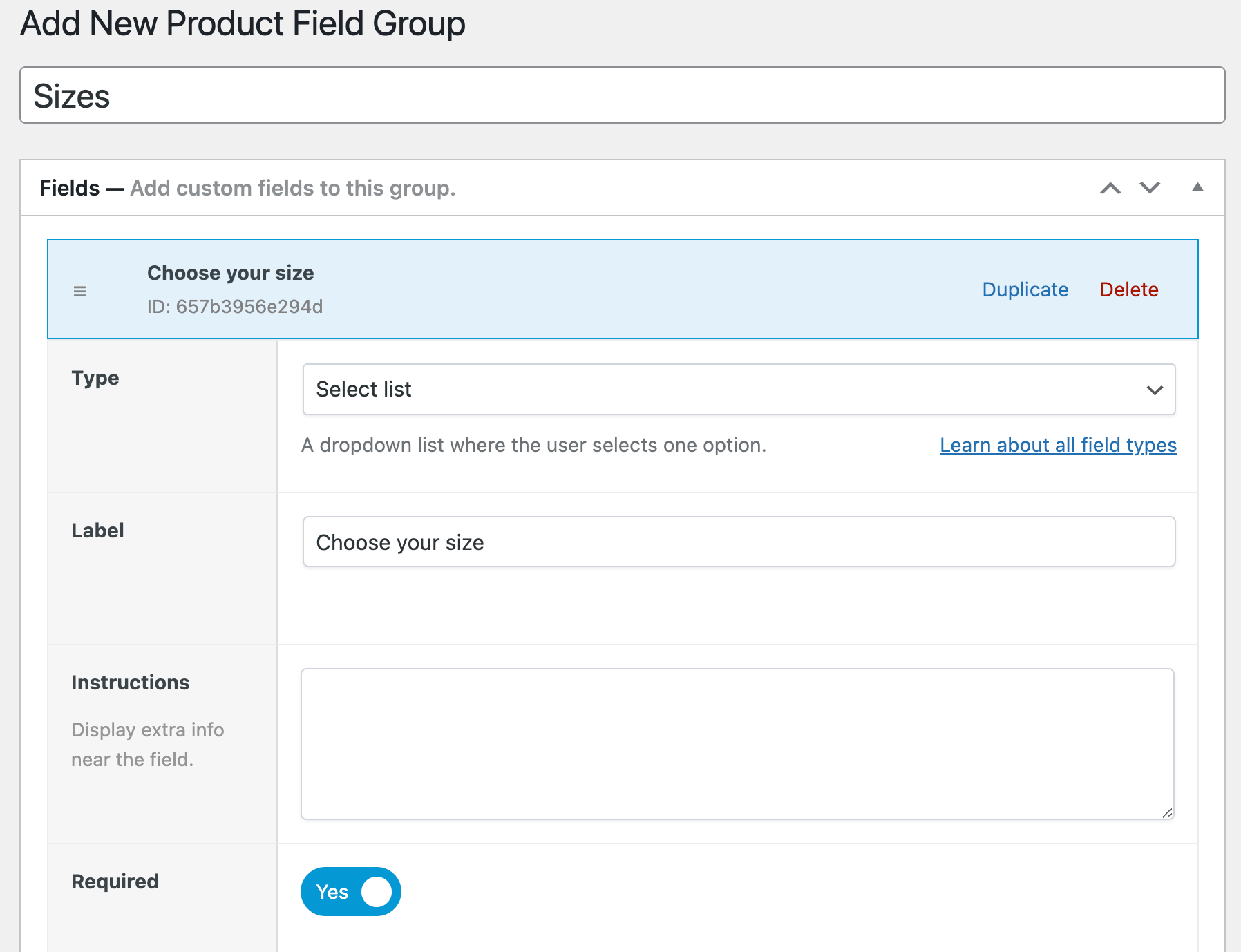 Product field group settings