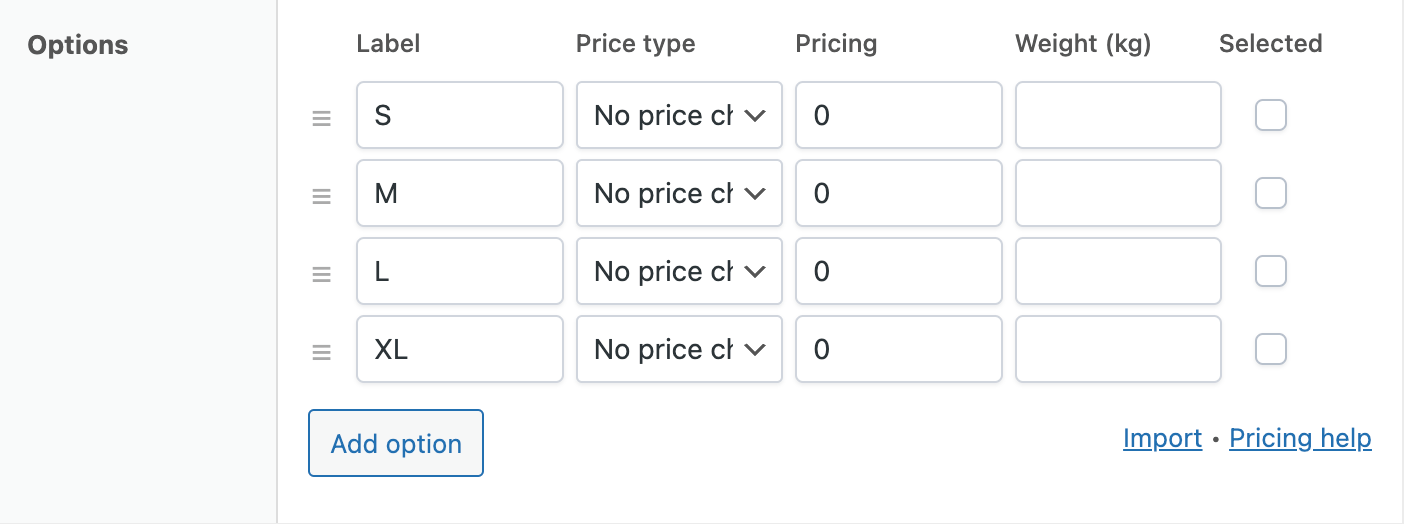 Adding sizing options to a custom field group