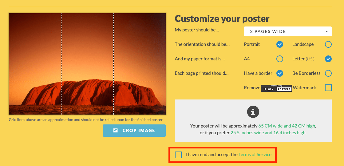 A general checkbox to confirm agreement with the Terms of Service