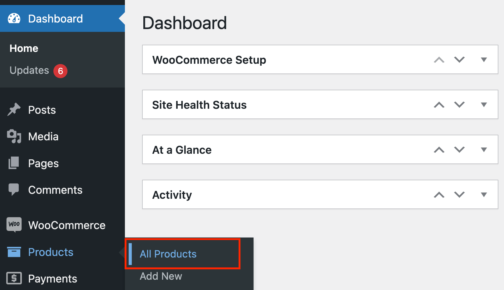 All Products tab in WooCommerce dashboard