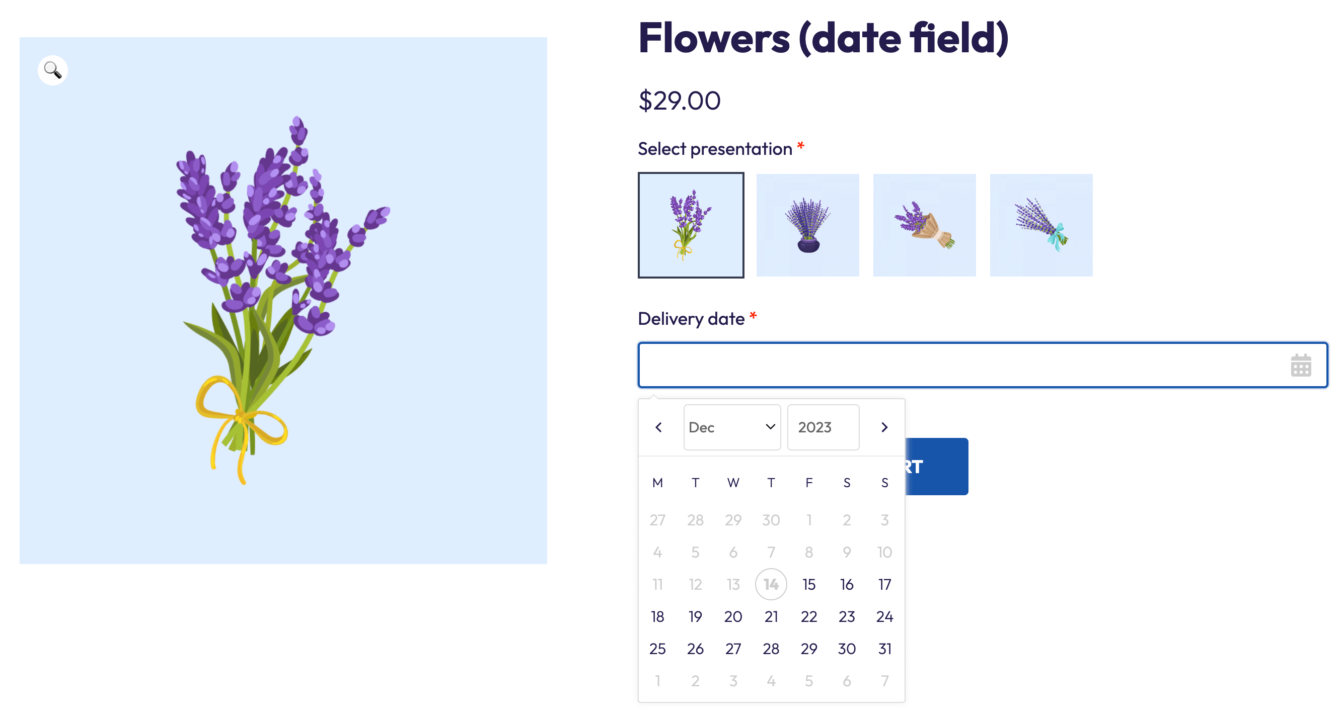 Example WooCommerce product with date field