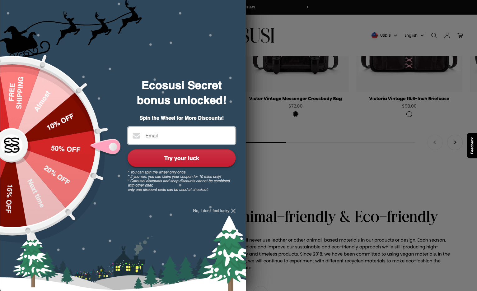 E-commerce store Ecosusi uses a spin-the-wheel feature to capture emails