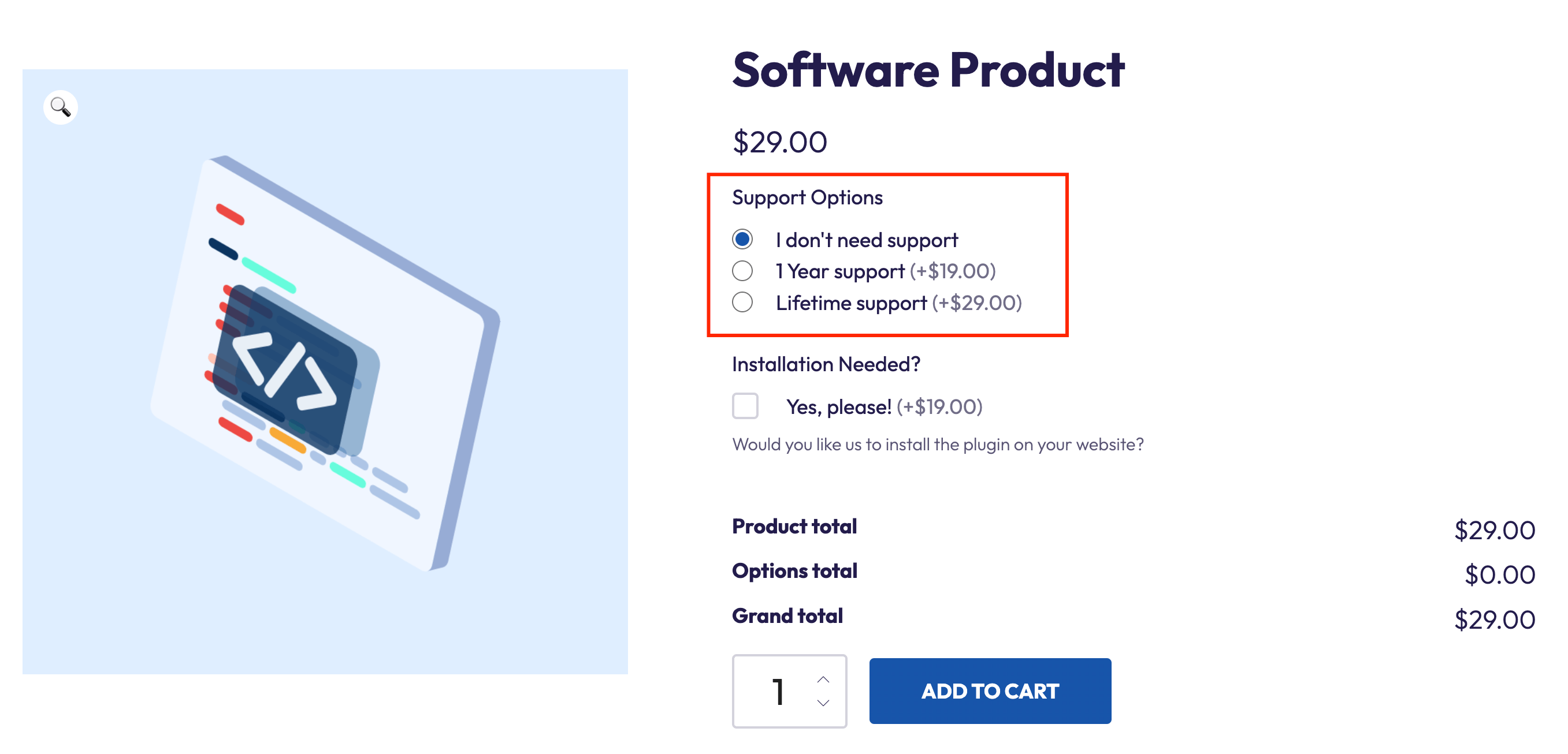 Example WooCommerce product with radio buttons