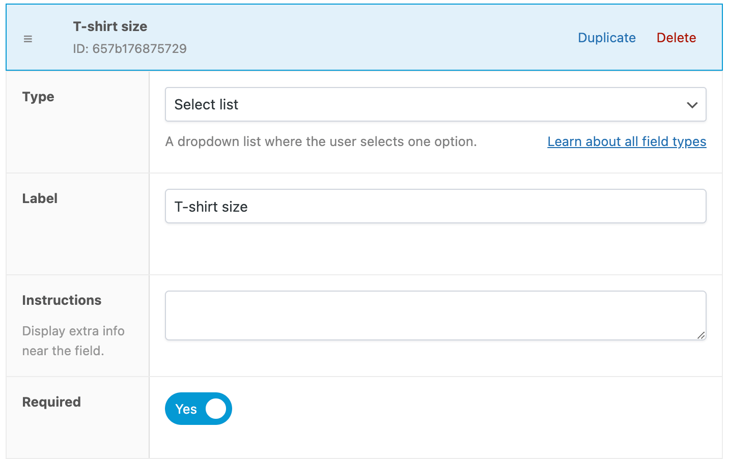 Custom fields settings – type, label, instructions, required