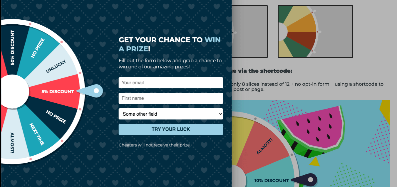 Customizable forms in a side prize wheel