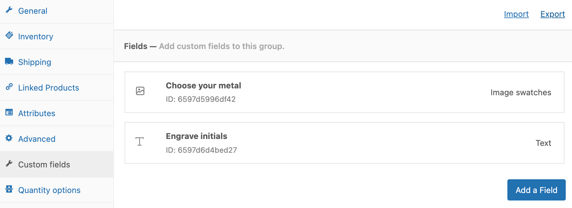 Custom fields tab in WooCommerce product admin