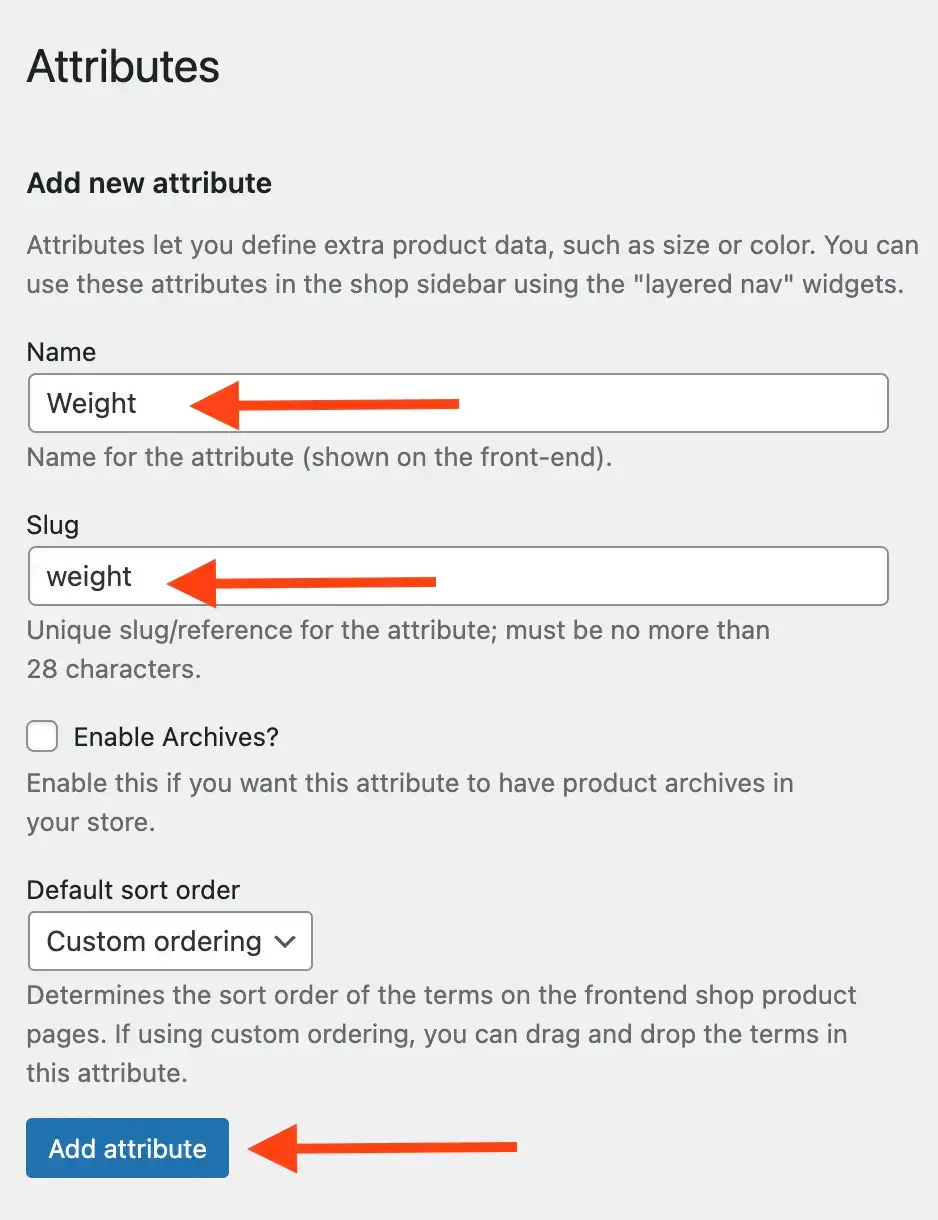 Create an attribute in WooCommerce
