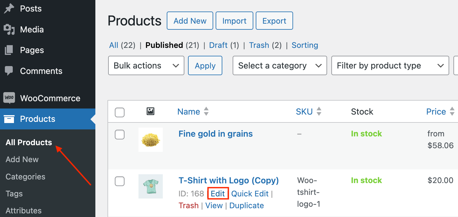 Selecting a product to edit in WooCommerce