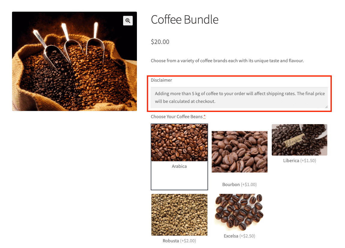 Example of a disclaimer for price changes depending on weight