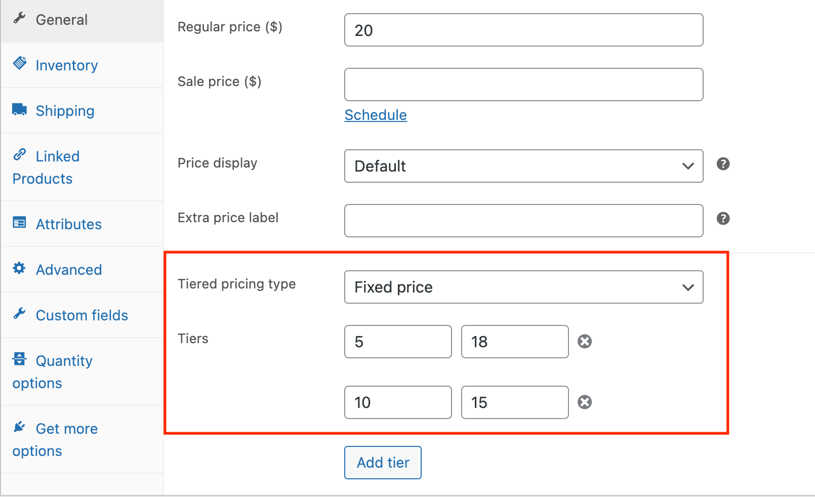 Setting the tiered pricing type and the pricing tiers