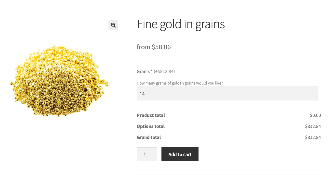 Fine gold in grains product front end
