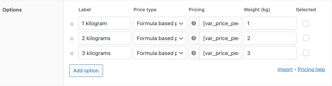 Weight field in a custom field with options