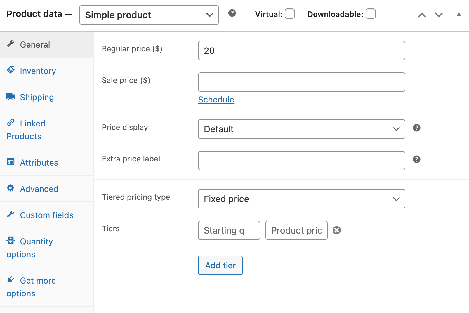 General tab for a simple product in WooCommerce