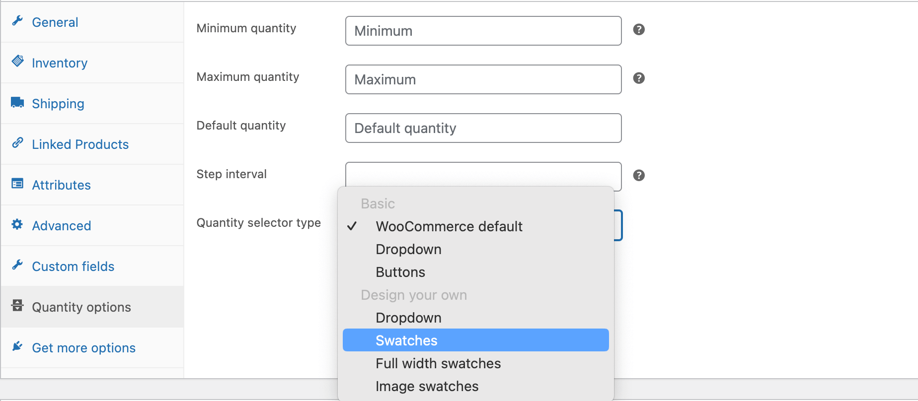 Selecting swatches in the quantity options tab