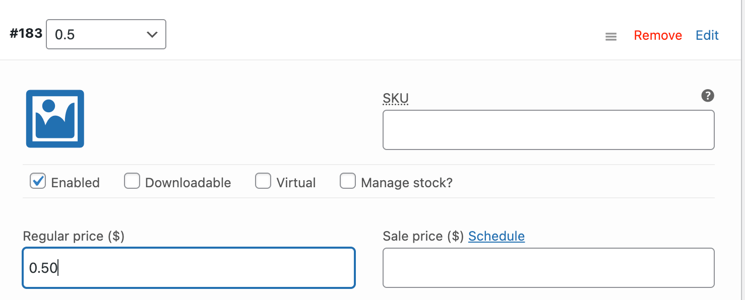 Setting price for individual product variations