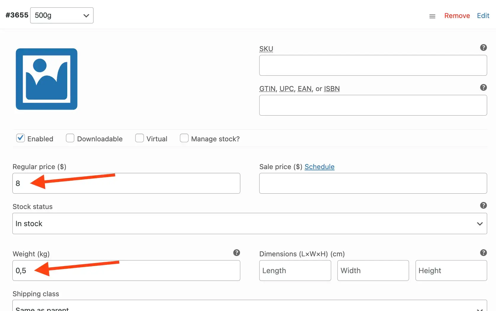 Variation settings - such as weight and price - in WooCommerce