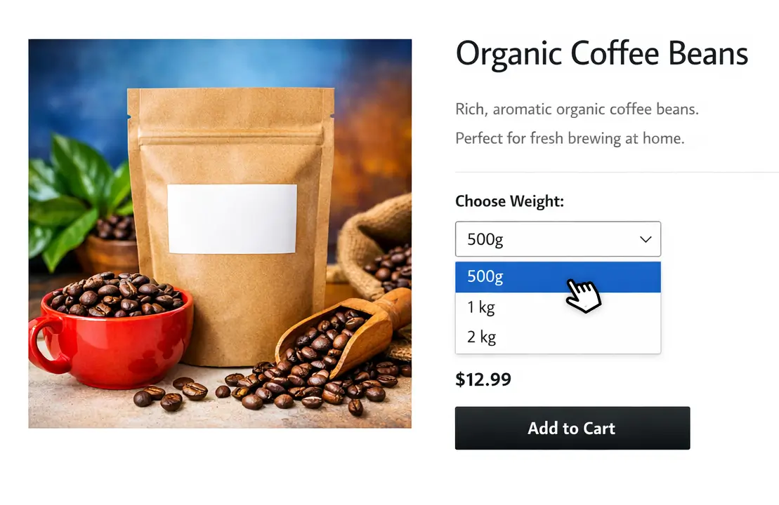 Product page showing a dropdown list to select your desired product weight