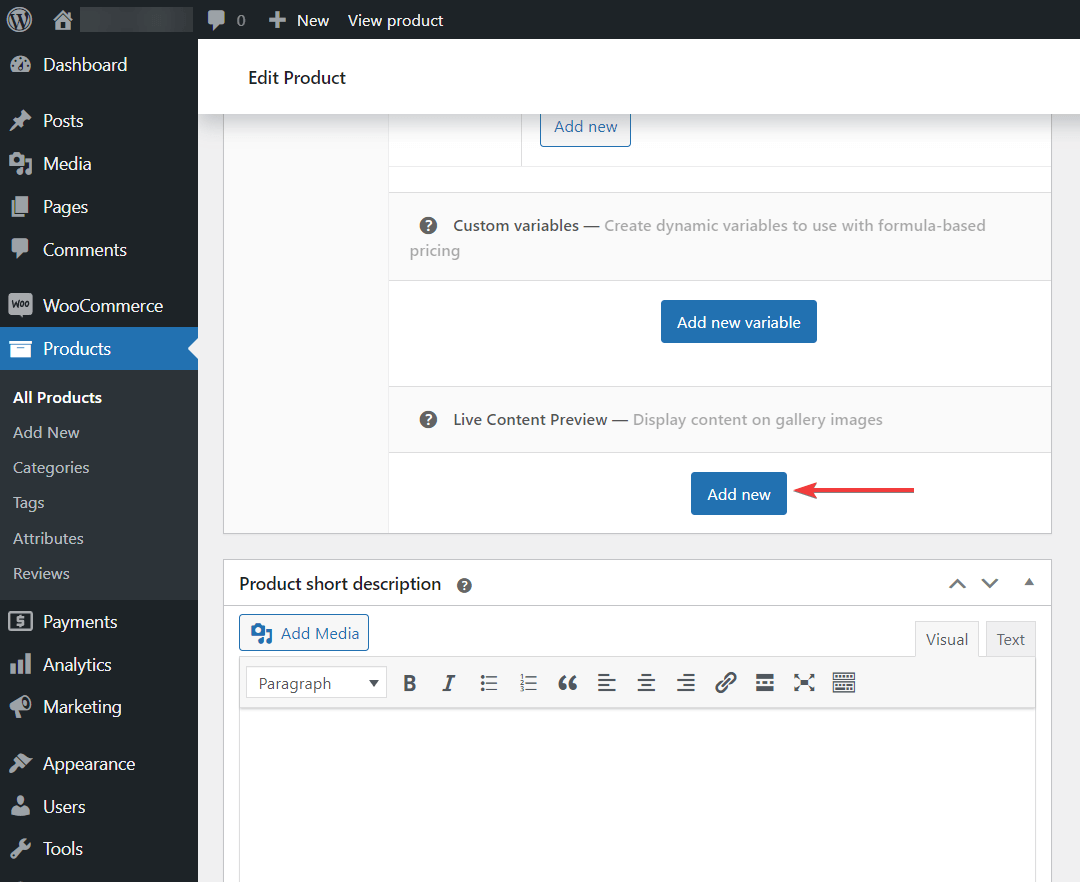 Adding a new product to the live preview with APF