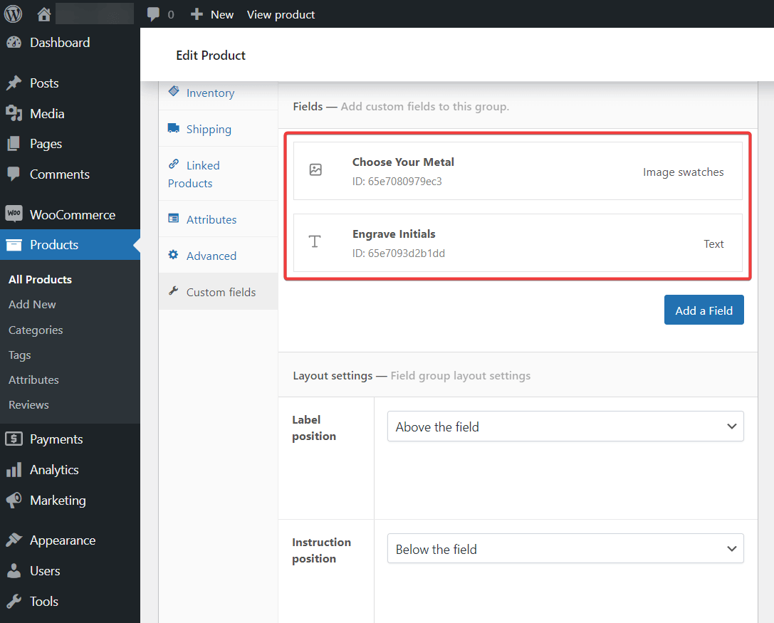 Adding custom fields with Advanced Products for WooCommerce