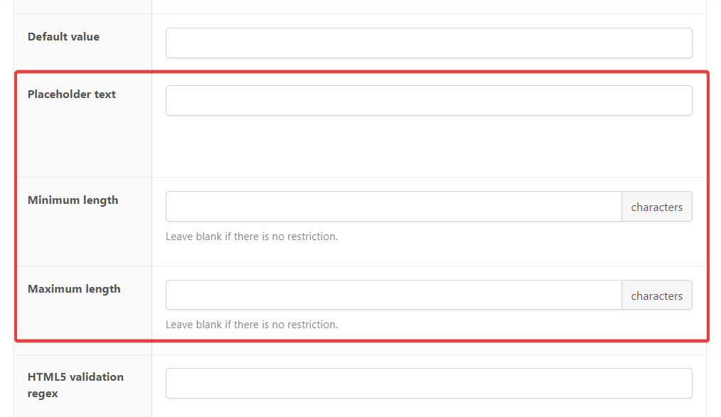 Adding minimum or maximum character lengths and/or a placeholder text with APF