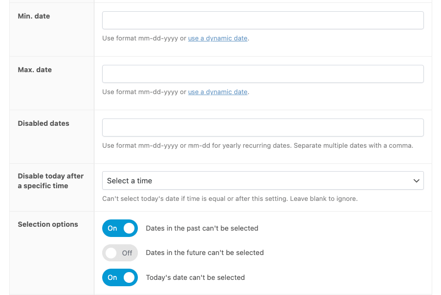 Custom date field settings