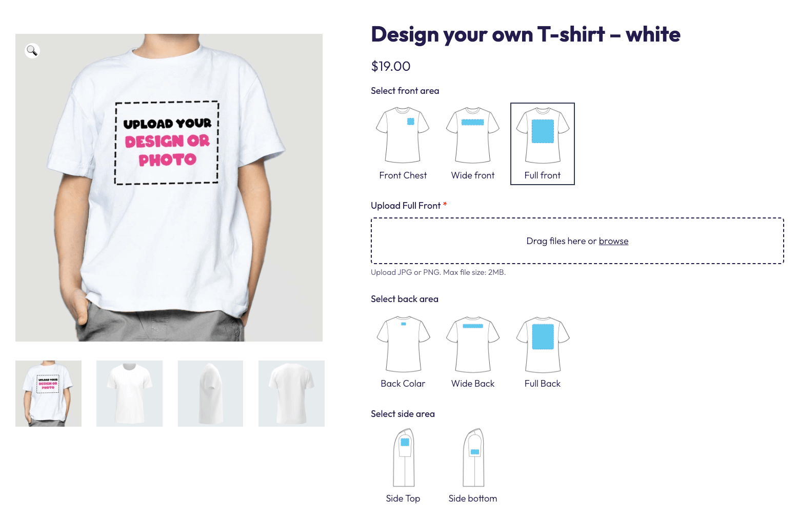 Example of a T-shirt customization product page
