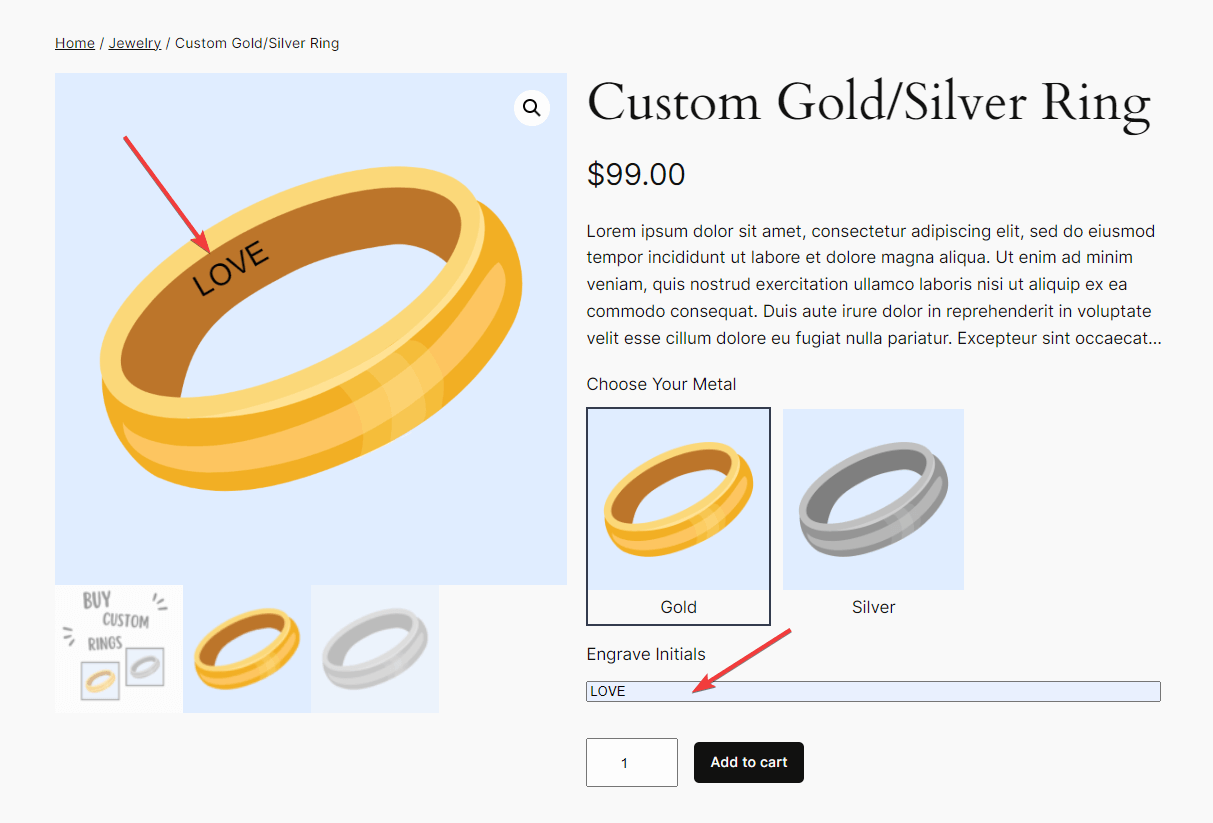 Demo live preview of a selected product with engraving