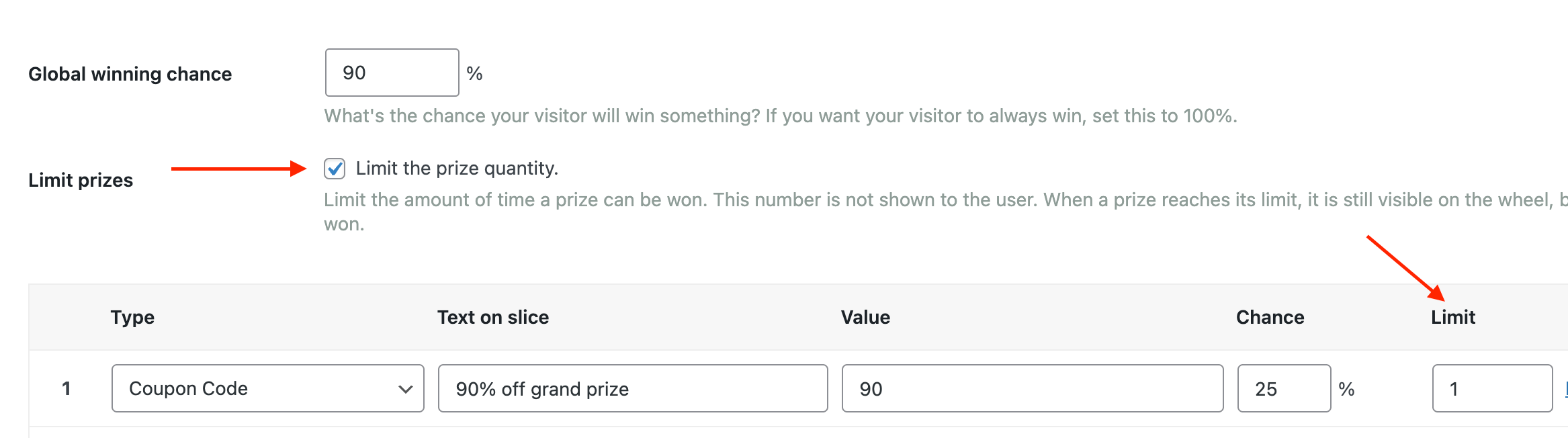 Enable prize limits in WP Optin Wheel