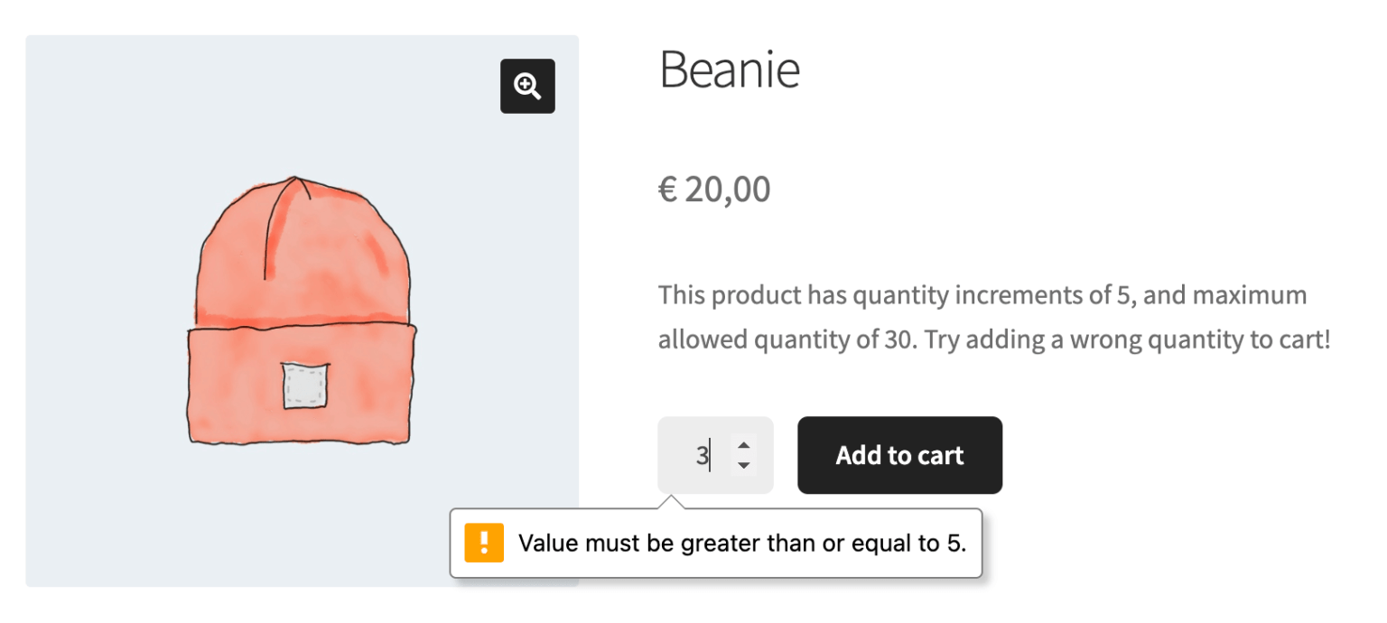 Example of minimum quantity limits and quantity increments