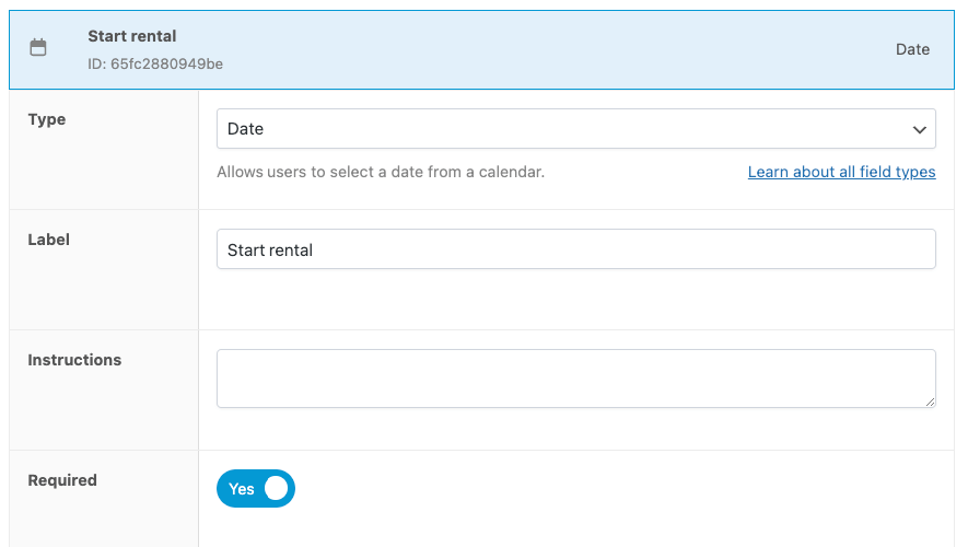 Adjusting settings for a date custom field