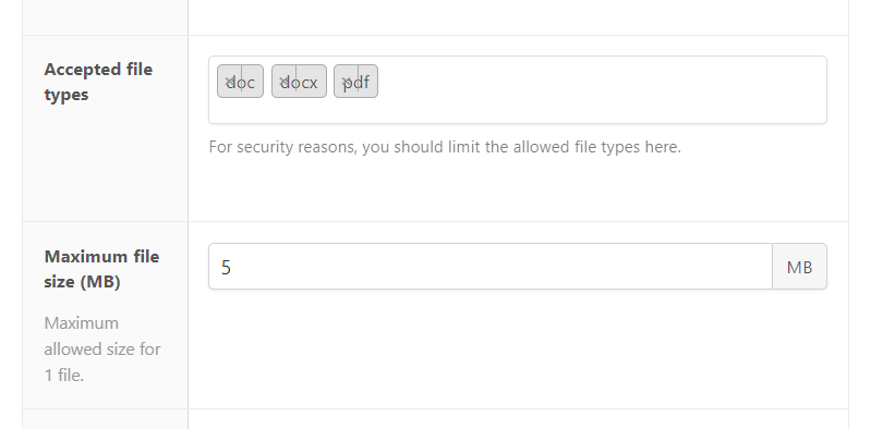 Accepted file types and maximum file size in the APF plugin
