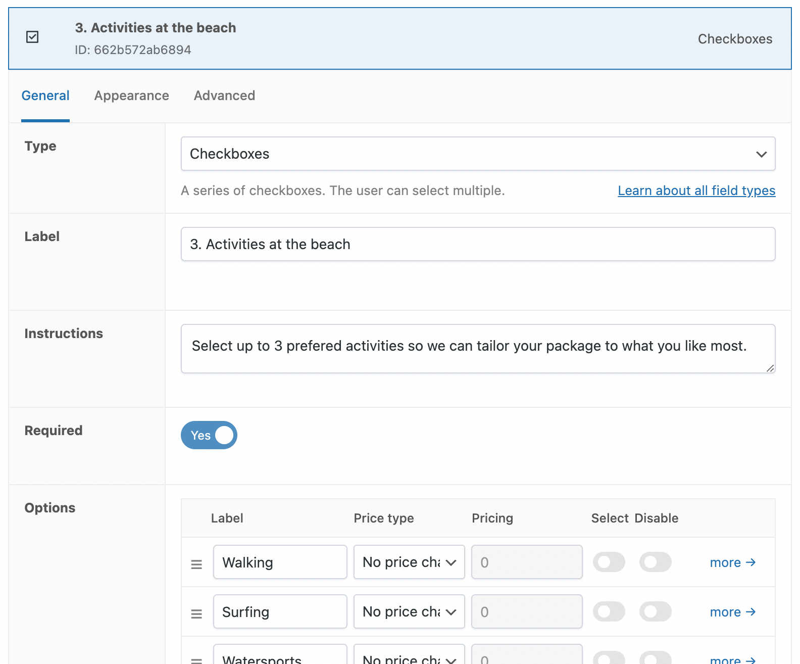 APF checkboxes configuration in the backend