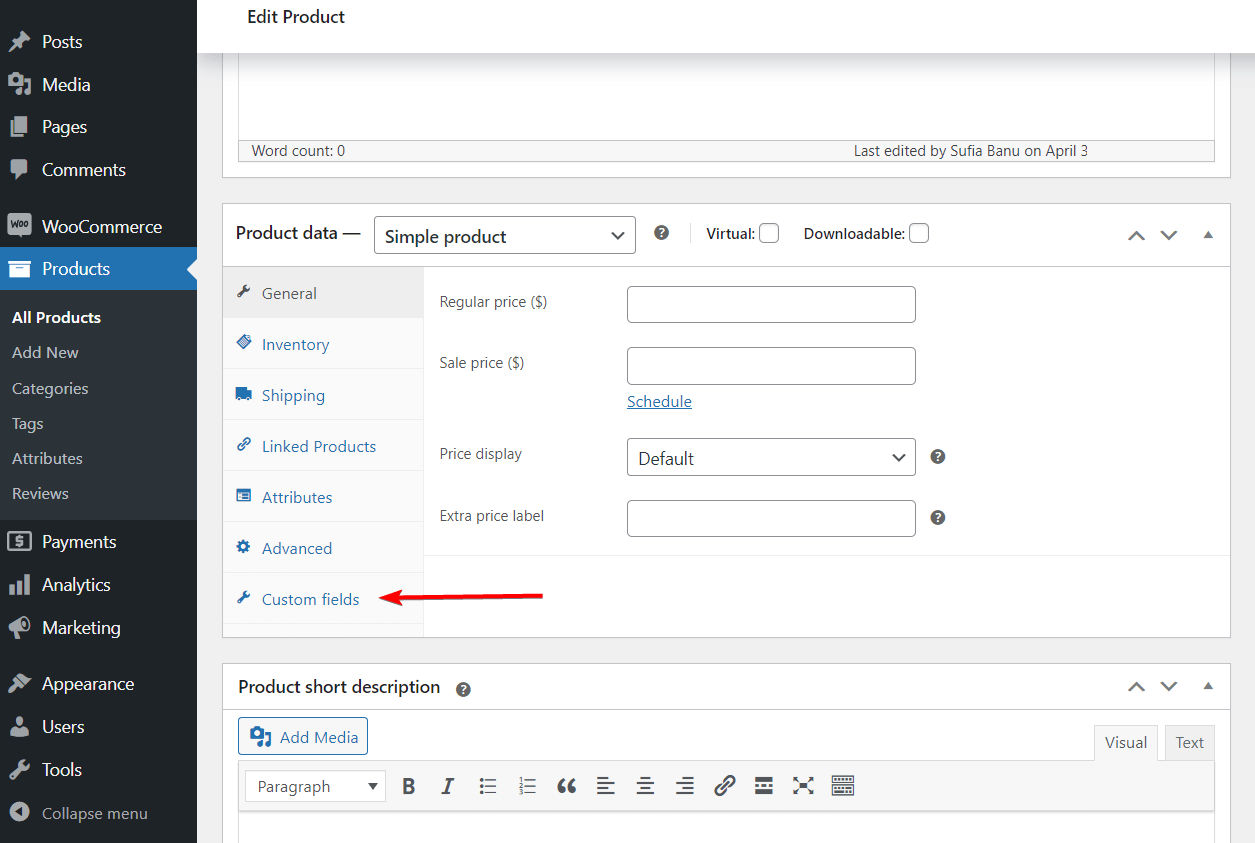 Selecting the custom fields tab in APF