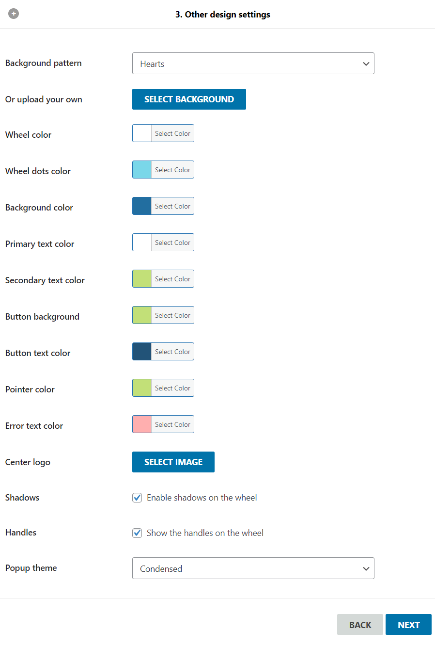 Other design settings in WP Optin Wheel, like adding your logo