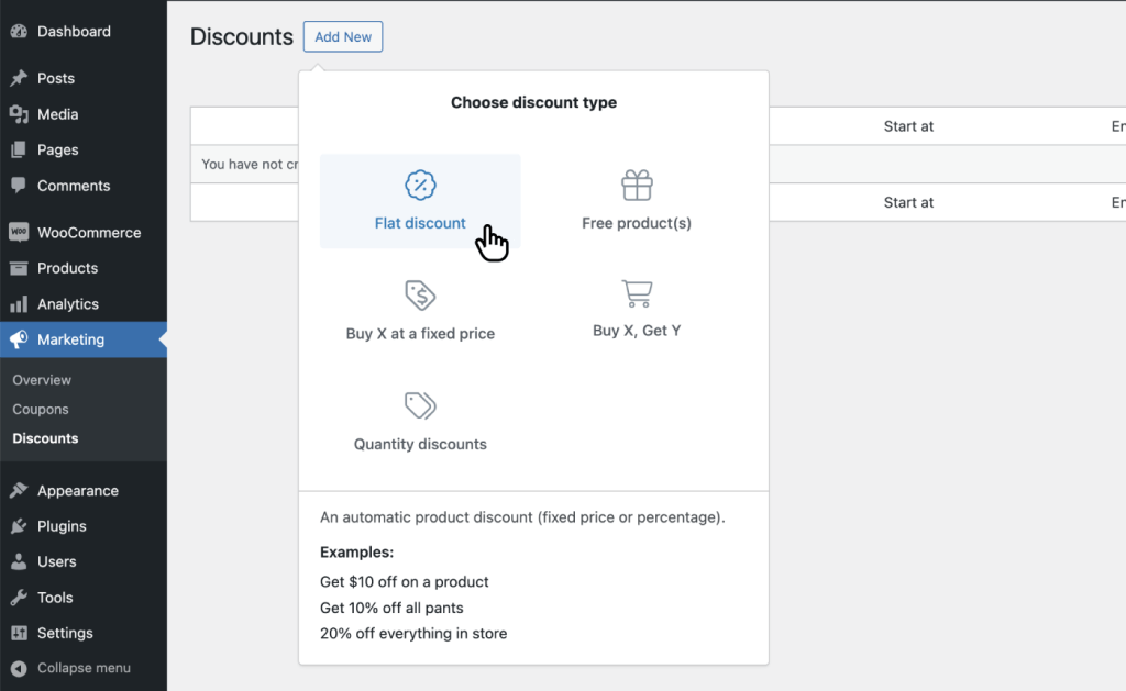 Create a new discount with WooCommerce Discounts