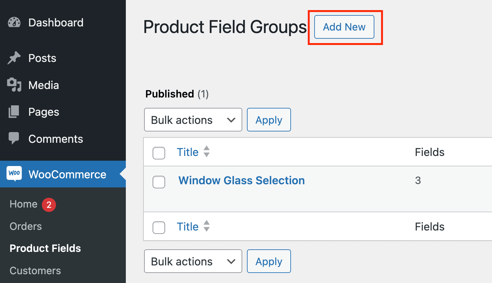Button to add a new product field group with APF