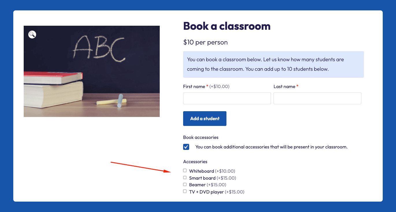 Example of a product with different checkboxes