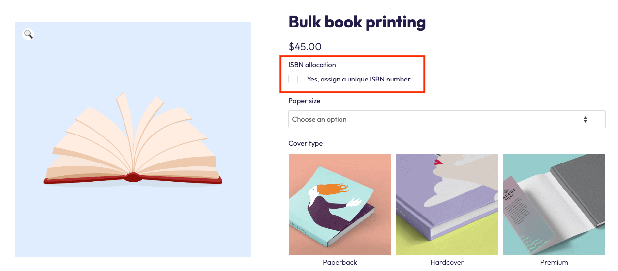 Example of bulk book printing with a checkbox allowing customers to have a unique ISBN number assigned to the product