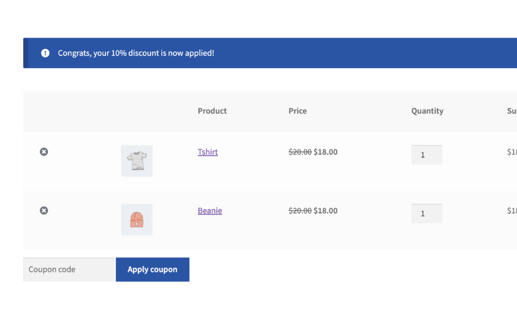 Example of a cart notice when a discount is applied with WooCommerce Discounts