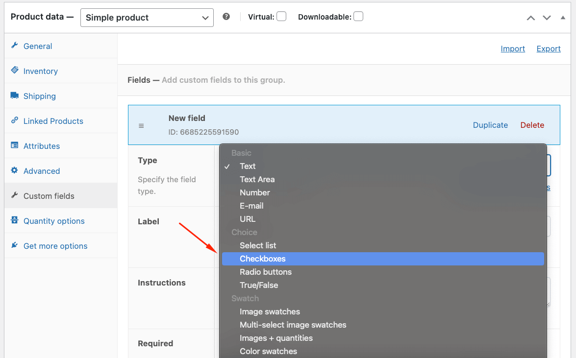 Choosing the checkboxes product field