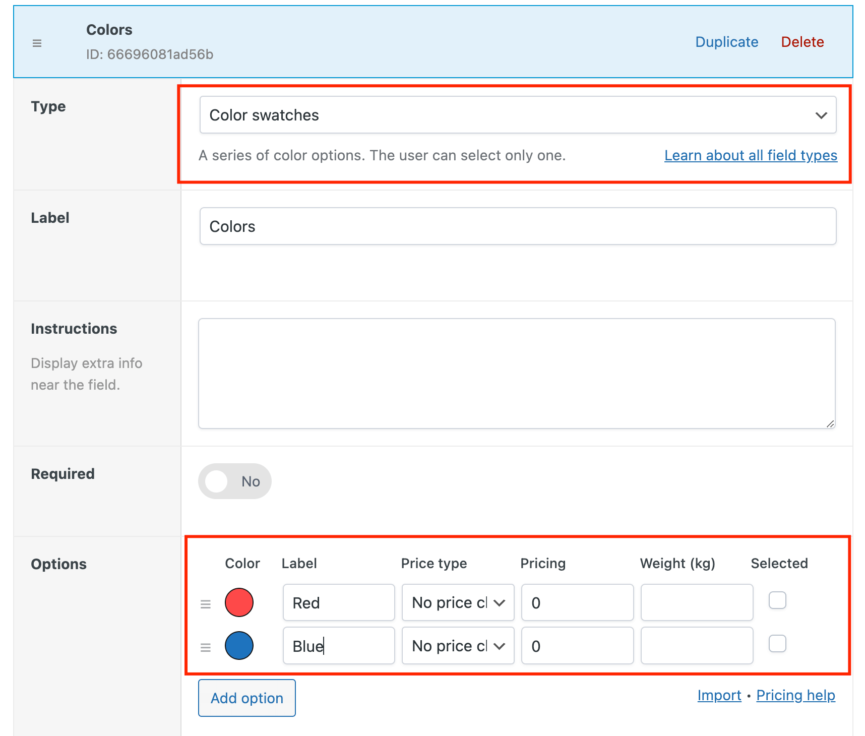 Adding 2 color swatches to a product
