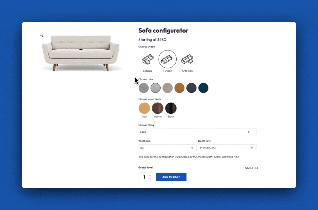 A sofa configurator product