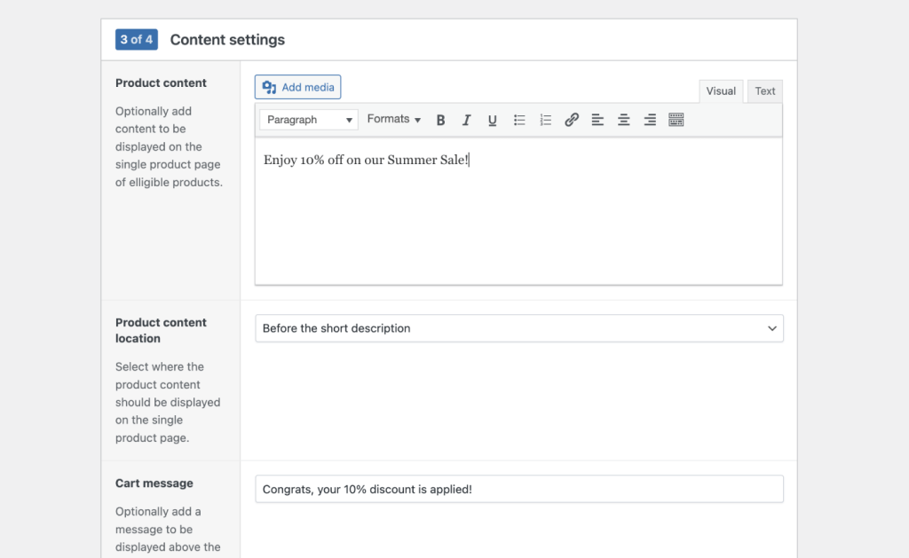 The Content settings of WooCommerce Discounts