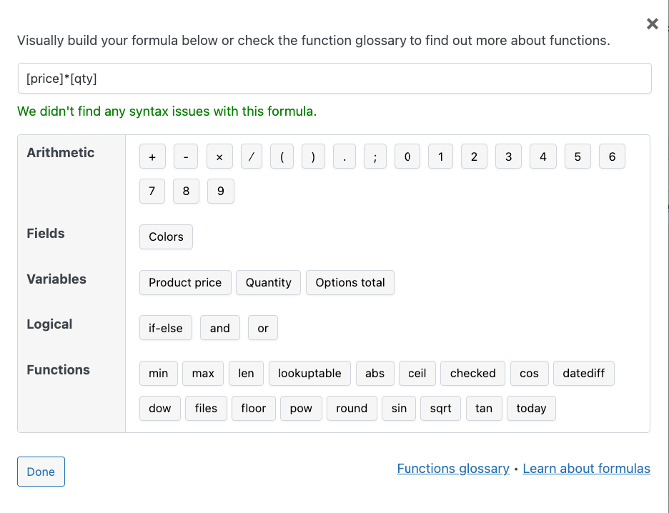 APF pricing formula creation window