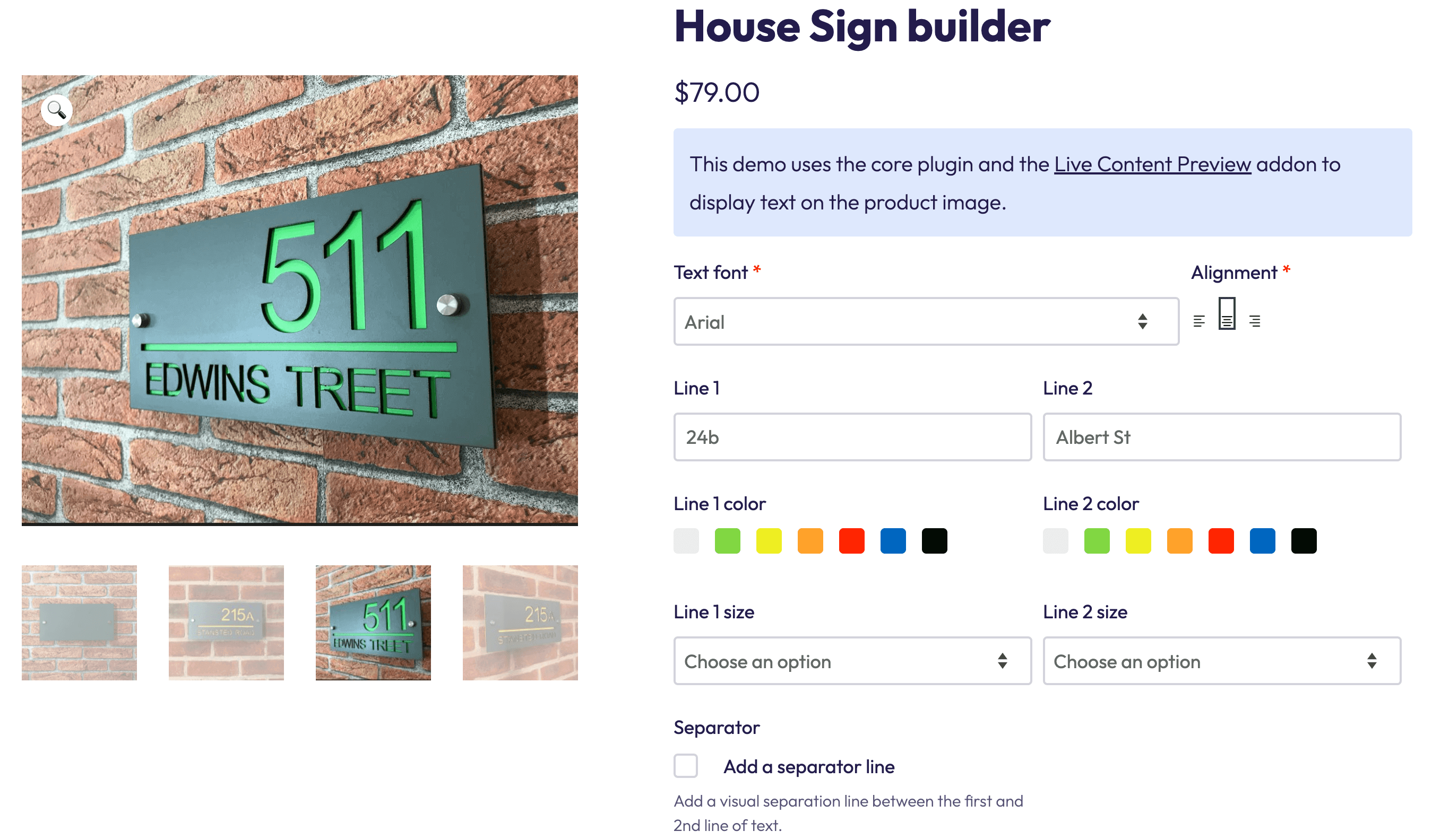 An example of a house sign builder in WooCommerce with 6 different product field types