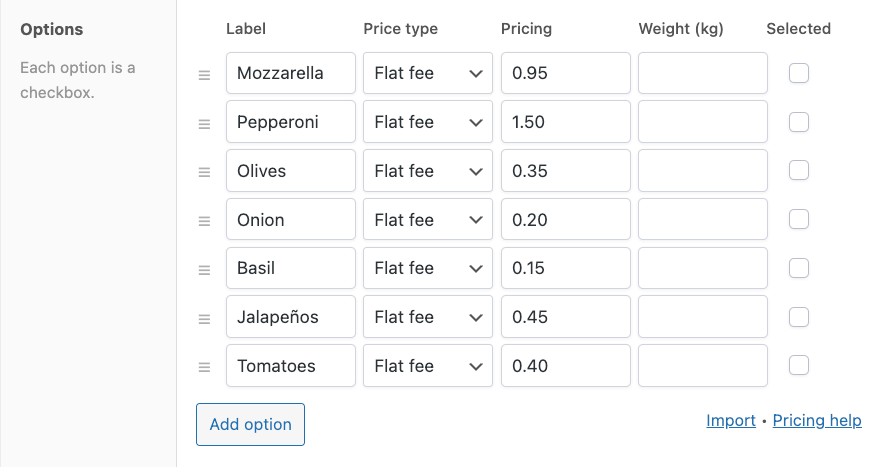 Adding checkbox options and a flat fee