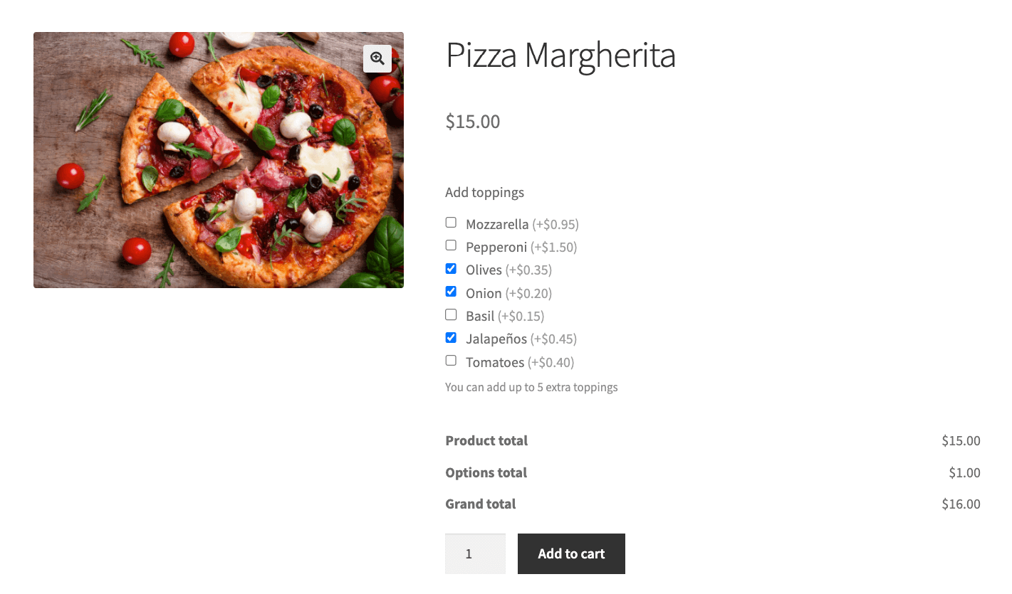 Pizza product with toppings as checkboxes