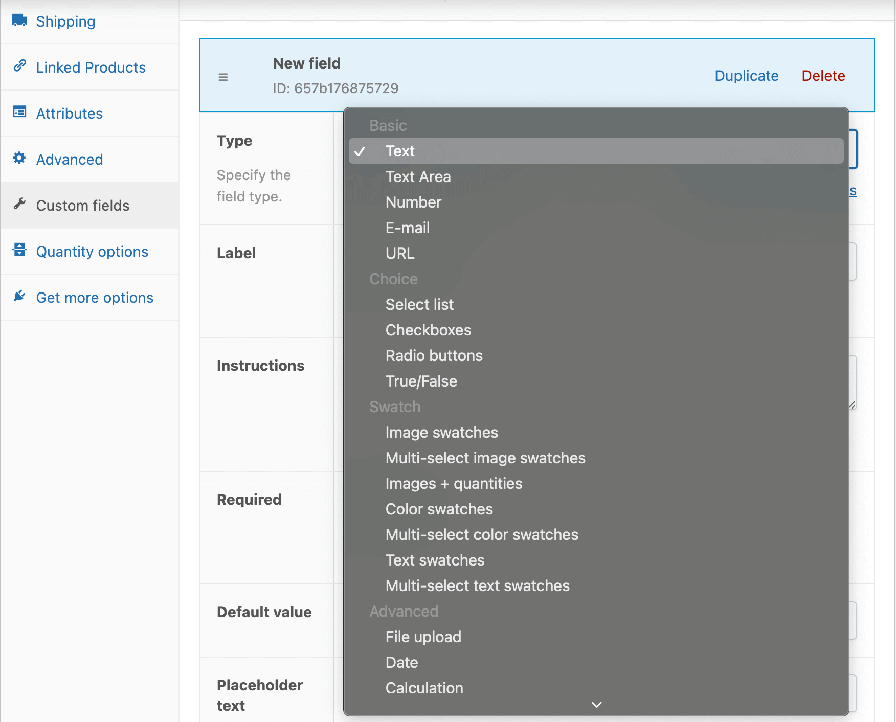 Different custom field types with Advanced Product Fields